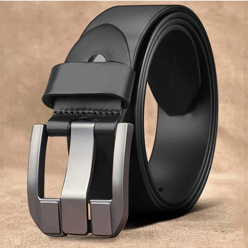 Black PU leather belt with square alloy buckle for casual and business attire.