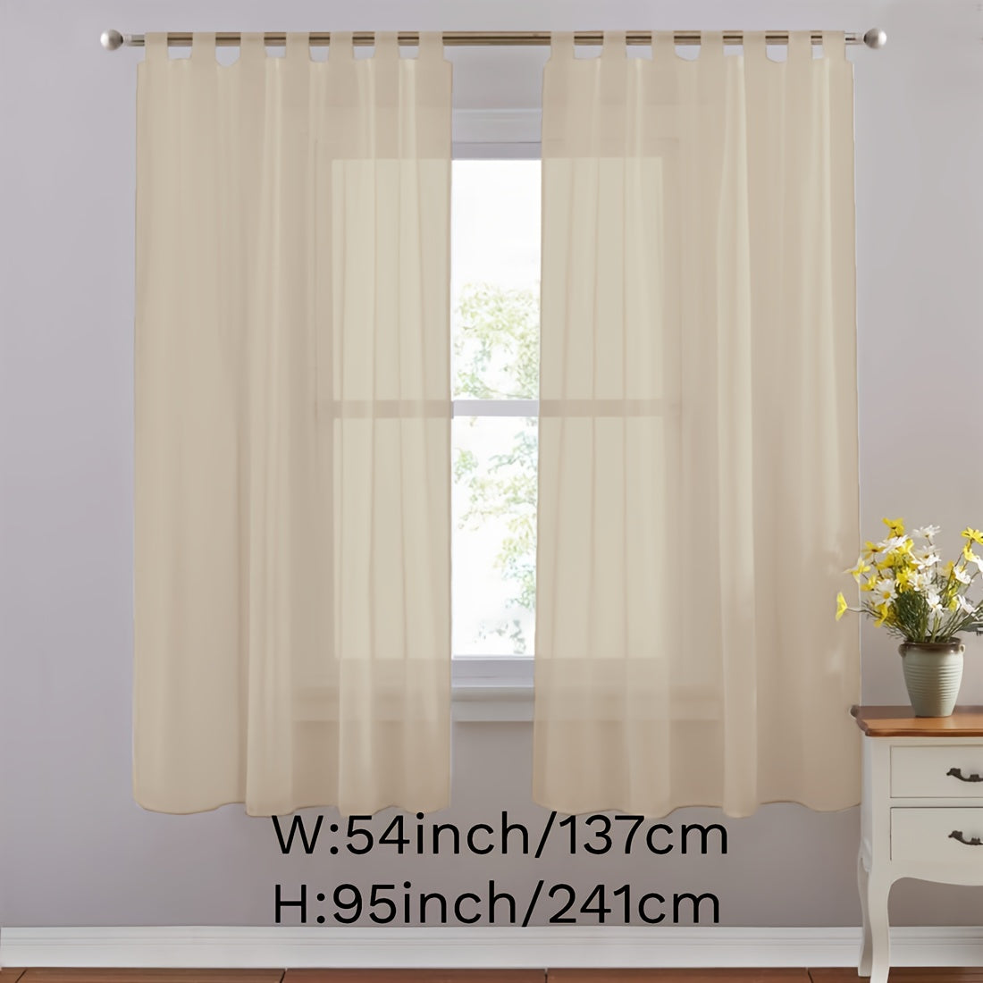 Set of 2 lightweight solid white sheer curtains with tab tops, perfect for bedroom, living room, and dining room. Includes 2 pieces.