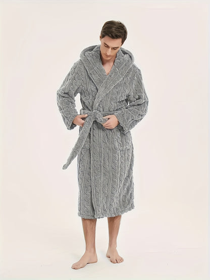 Men's fleece hooded robe for home and hotel use, with belt for comfort.