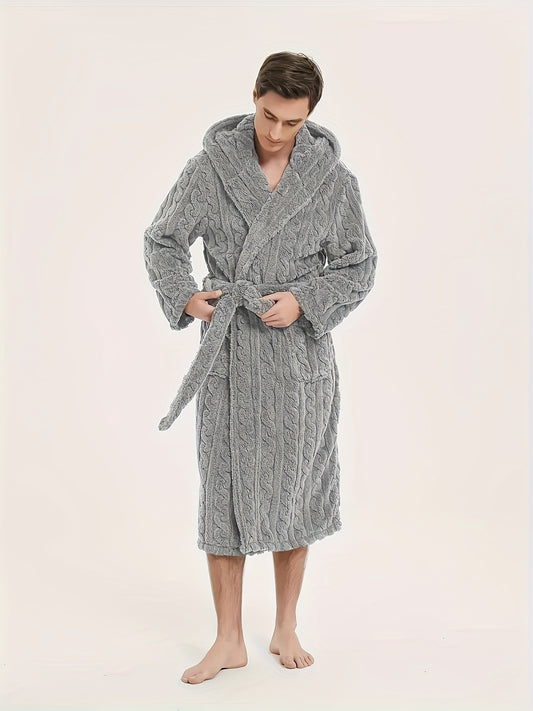 Men's fleece hooded robe for home and hotel use, with belt for comfort.