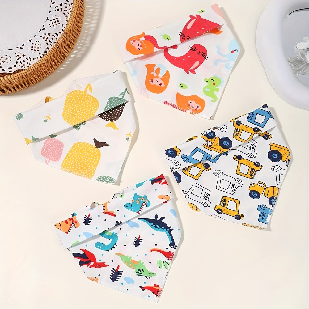 Set of 5 Adorable Cartoon Patterned Bibs, Double-Layered Cotton Bibs with Snap Fasteners, Soft and Gentle for Feeding