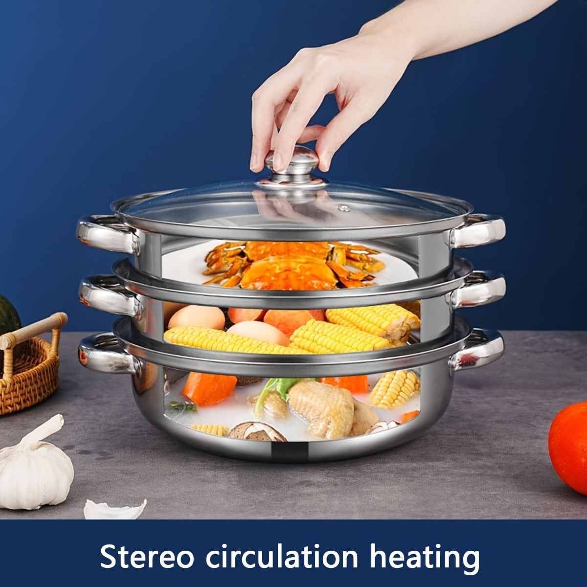 Durable Stackable Stainless Steel Cookware Set with Non-Stick Finish, Bakelite Handles, Visible Glass Lid, and Multiple Layers