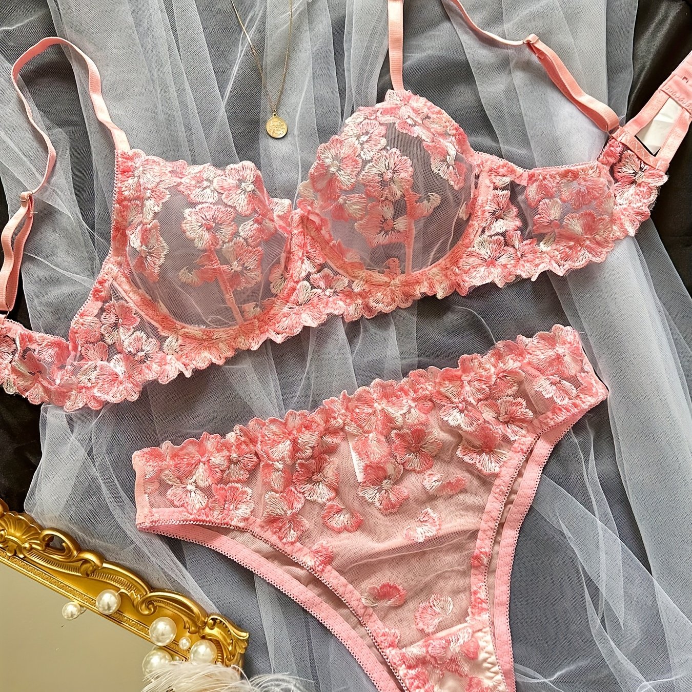 Floral embroidered lingerie set with mesh unlined bra and panties - women's sexy underwear.