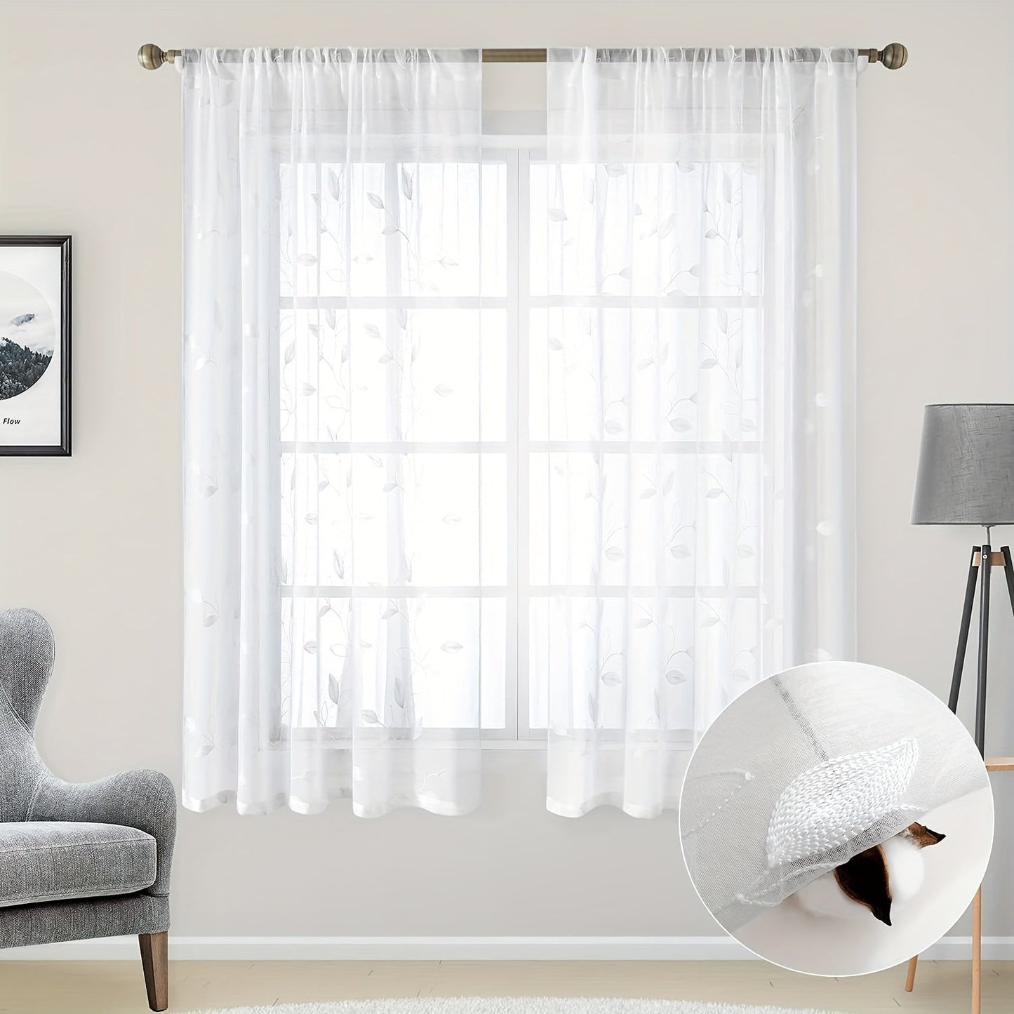 Two pieces of garden-style sheer curtains with an embroidered leaf pattern, featuring a rod pocket design. Made of polyester, these drapes are perfect for bedrooms, living rooms, and kitchens. They are machine washable and suitable for all seasons