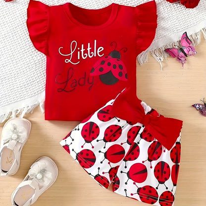 Adorable ruffled sleeve t-shirt and bow/ladybug shorts set for baby girls, ideal for casual outdoor wear this season.