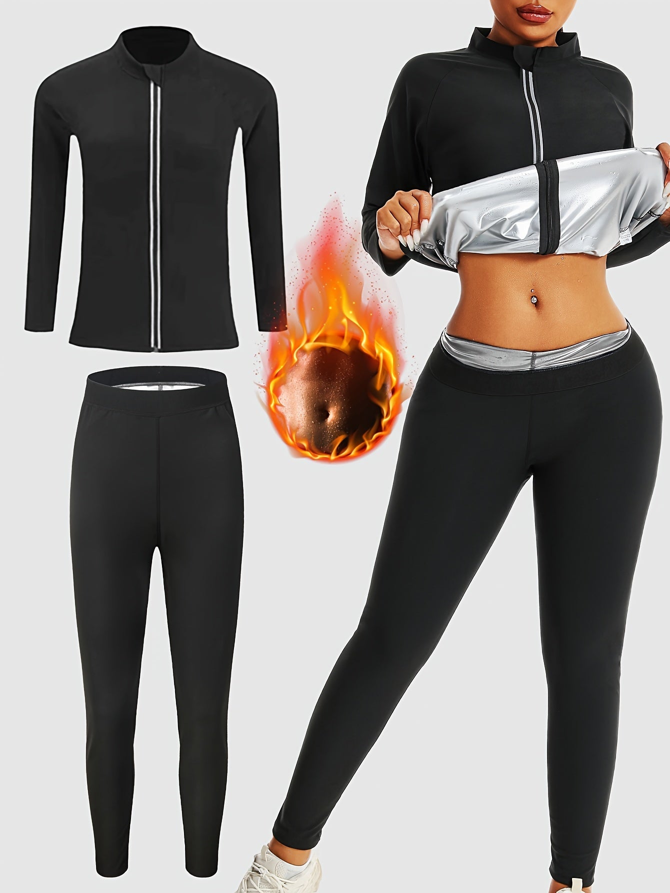 Women's sauna sweat suit set with long sleeve zip-up jacket and pants, high neck, stretchable fit, made of polyester spandex, machine washable. Ideal for enhanced sweating during yoga and