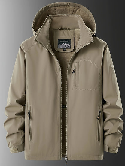 Men's Winter Jacket with Detachable Hood and Multiple Pockets - Casual & Trendy Fleece-Lined Outerwear