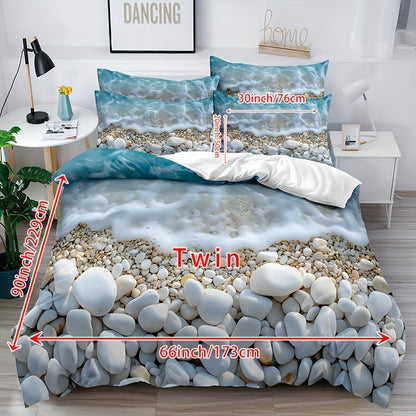 3-piece Serene Beach Pebble Bedding Set: Soft & breathable polyester duvet cover and pillowcases with oceanic blue and white marble pattern. Features zip closure and is machine washable for