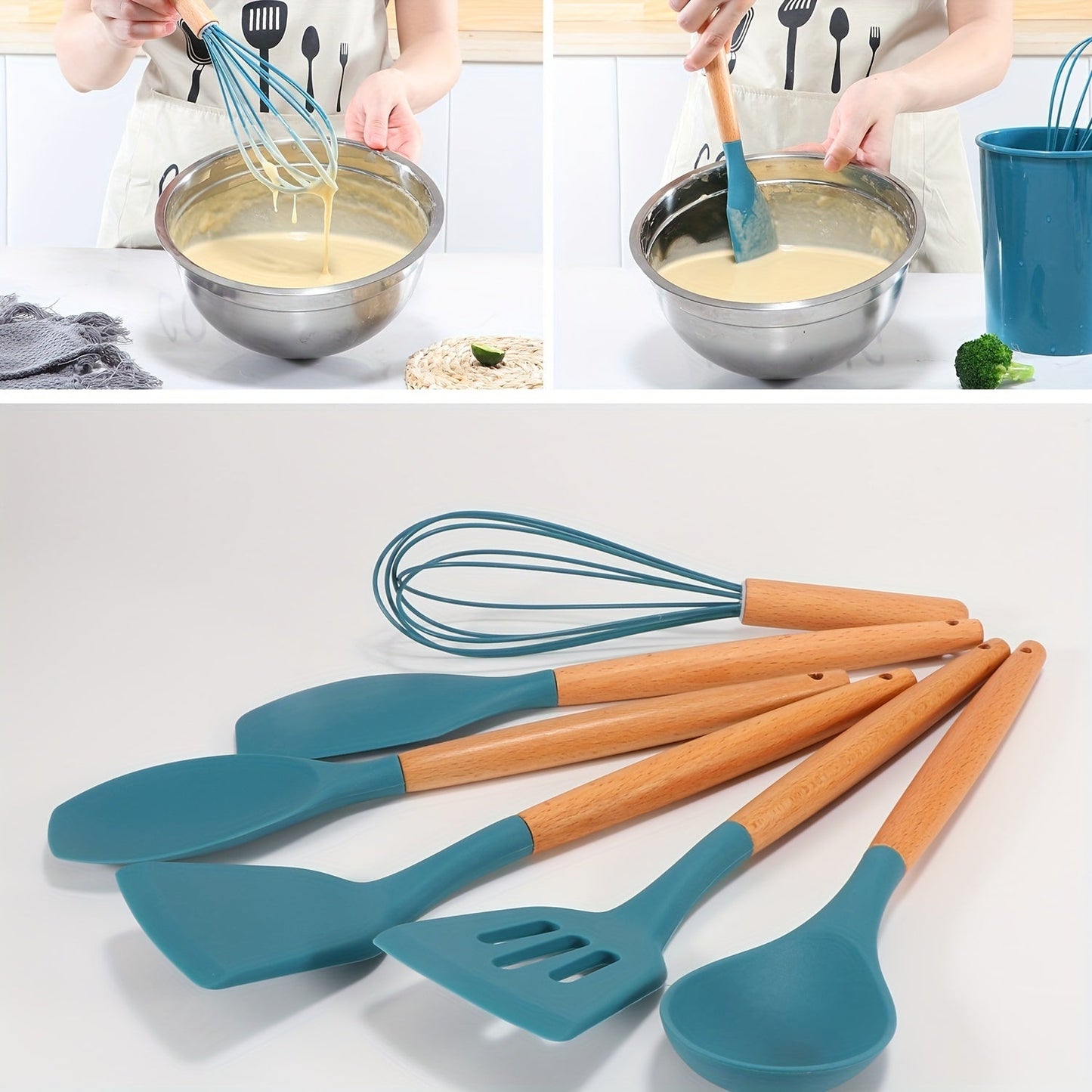 Silicone Kitchen Utensil Set with Wooden Handles - 12 Piece Heat Resistant Cooking Tools Including Turner, Tongs, Spatula, Spoon, Brush, Whisk - BPA Free Grey Kitchen Gadgets with Holder for Nonstick Pans