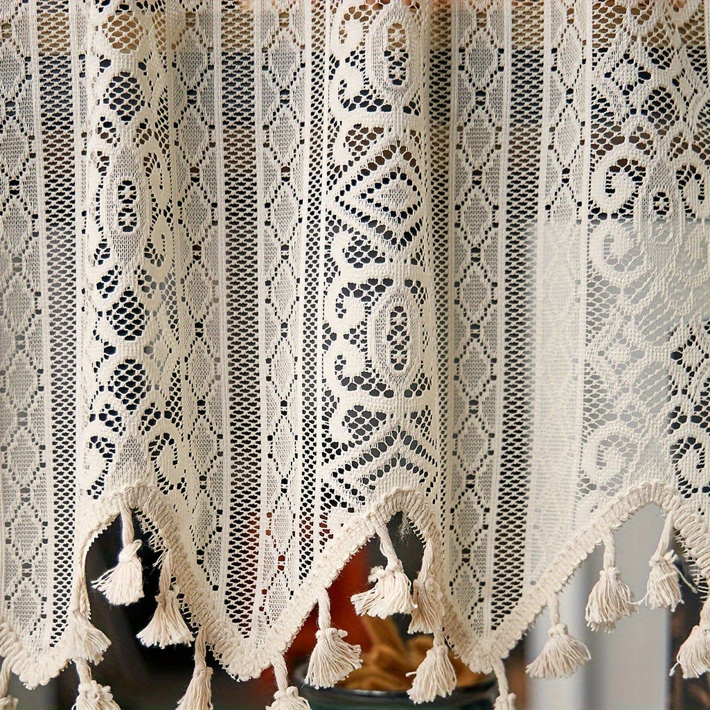 Artistic Boho Geometric Lace Tassel Cafe Curtain Tiers - Made from Polyester, these Semi-Sheer Rod Pocket Kitchen Window Curtains have Thermal Insulated Features. Hand Wash Only. Unique & Cordless Design.