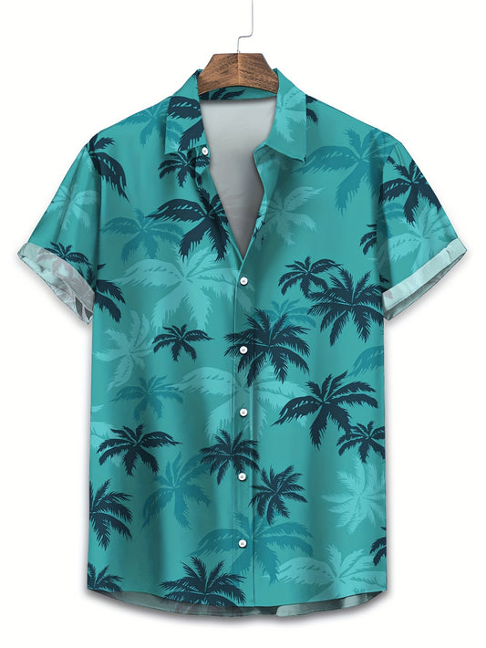 Men's Coconut Tree Print Short Sleeve Button Casual Lapel Shirt, Versatile for Dates, Beach Holidays, or as Gifts.