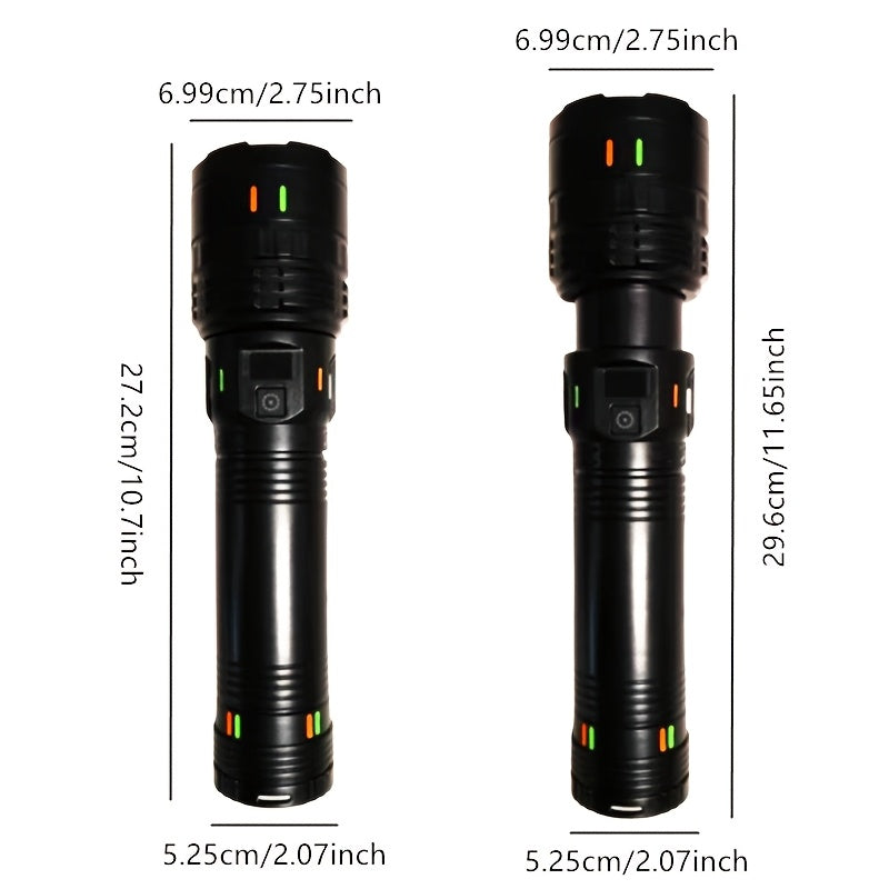 Ultra bright LED flashlight with 1000 lumens, 4 modes, 200m range, and adjustable beam. Includes a 3600mAh lithium battery that is USB Type-C rechargeable. Made of ABS material and suitable