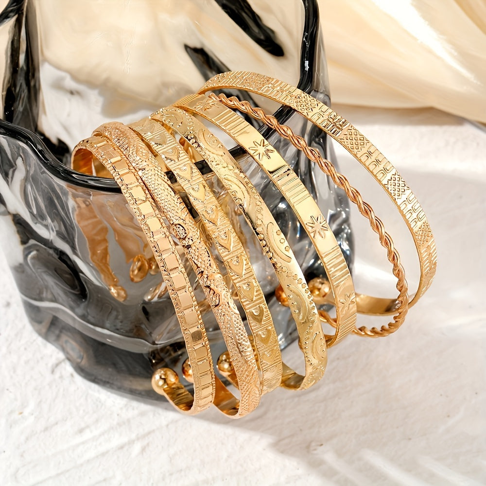 Set of 7 Stylish Lady Cuff Bracelets with Twisted & Star Patterns, Effortlessly Chic Design, Made without Mosaic or Plating, Perfect for Any Occasion and Every Season, Elevate Your Look with Elegant Vacation Style.