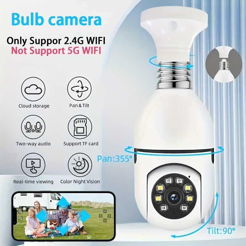 Light bulb security camera with E27 connector, featuring home WiFi capabilities. This 360-degree pan/tilt panoramic surveillance camera offers two-way audio functionality. Suitable for use both indoors and outdoors, this 2.4G IP camera does not come with