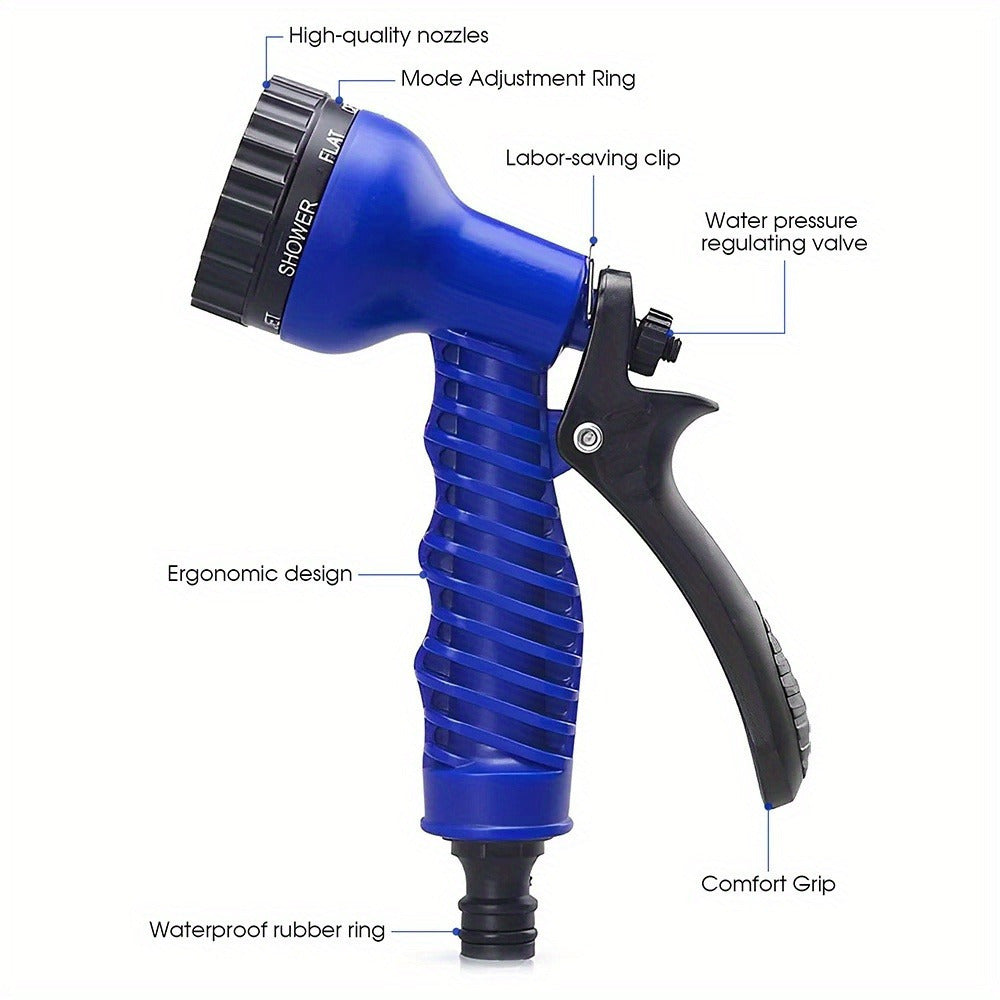 Blue garden hose with adjustable spray gun, durable and flexible for various tasks like watering plants, car washing, lawn care, and home cleaning. Compatible with G1/2" connector.