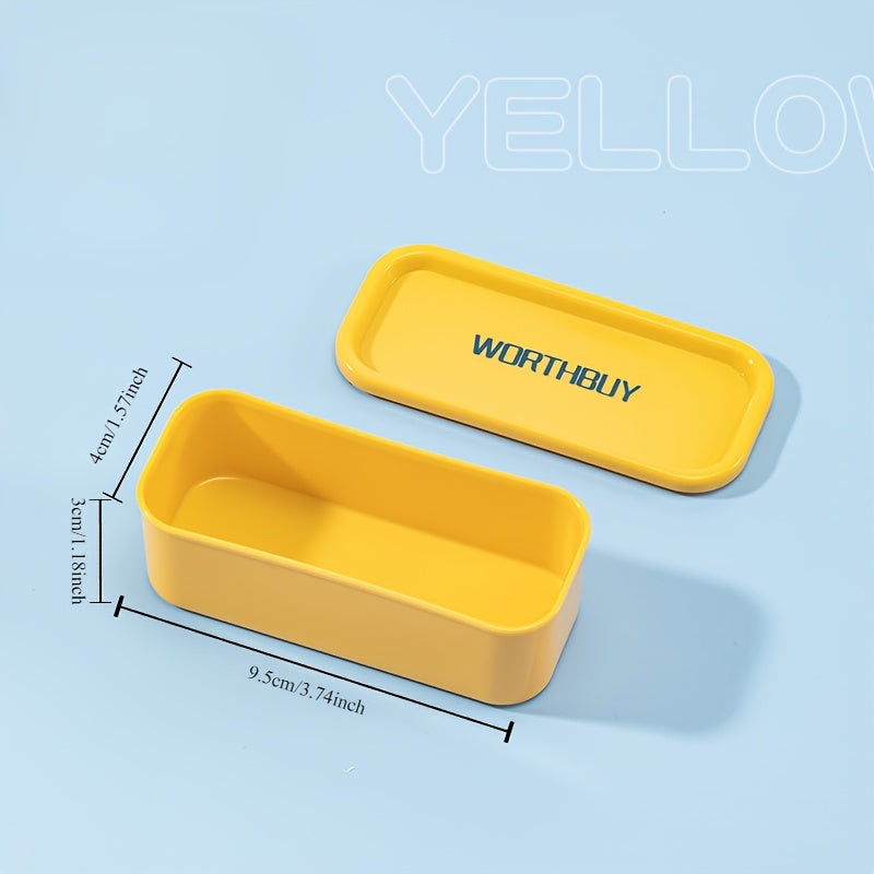 Compact organizer box for toothpicks, floss, and small items, in teal and yellow design with clear lid, suitable for home and office organization.