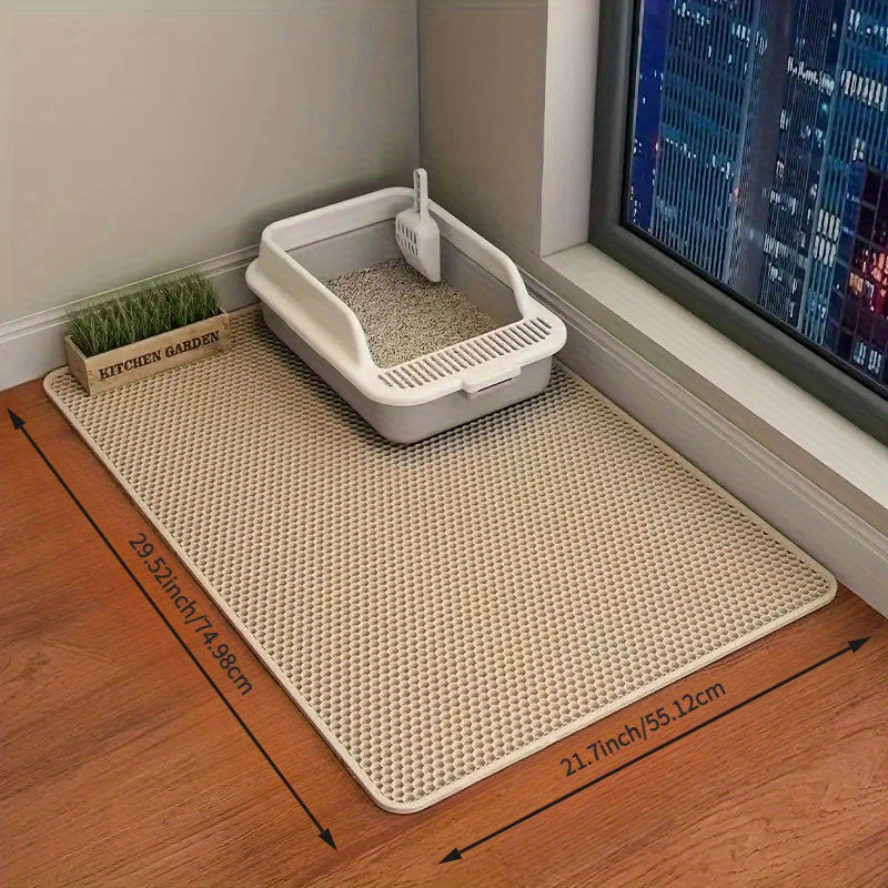 Double-layer cat litter mat with anti-scattering design, raised edges, and hexagonal grip surface. Easy to clean and fits all litter boxes.