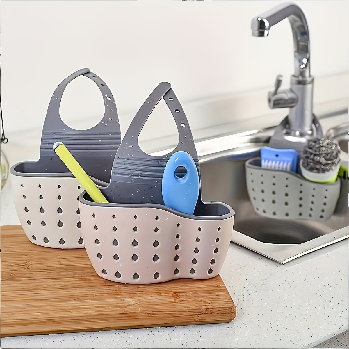 Get organized in the kitchen with the 1pc Modern Plastic Kitchen Sink Drain Basket. This versatile and adjustable hanging rack is perfect for storing sponges, soap, and cleaning tools. The perforated design allows for efficient draining and is ideal for