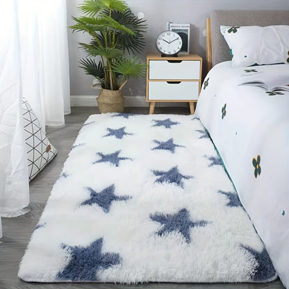 Upgrade your space with a Luxurious Plush Shag Area Mat featuring a stylish star pattern. This soft, fluffy, and non-slip rectangular mat is perfect for the bedroom, living room, or nursery. Easy to care for with machine washable materials, this cozy