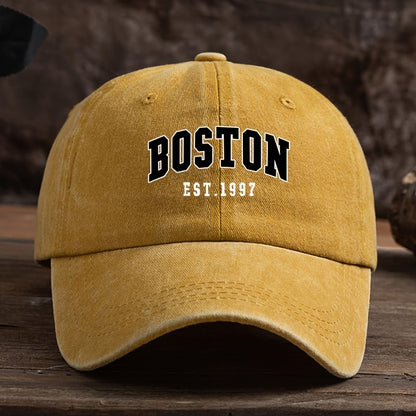 Boston Est. 1997 Unisex Fashion Baseball Cap with Adjustable Curved Brim made of Woven Textile Material, Easy Care, machine washable/dry clean.