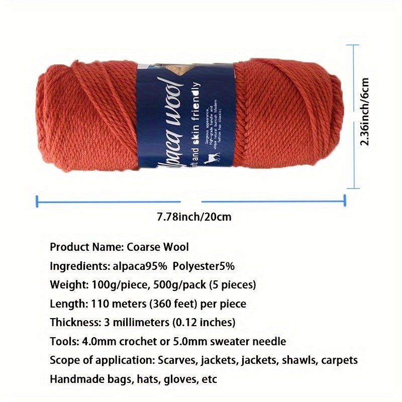 Jiuweidiawang Alpaca Wool Yarn Bundle - 95% Alpaca, 5% Polyester, Multicolor Yarn Pack for Knitting/Crocheting, 100g/Ball, 5 Balls (490g total), Ideal for Winter Crafts, Sweaters, Shawls