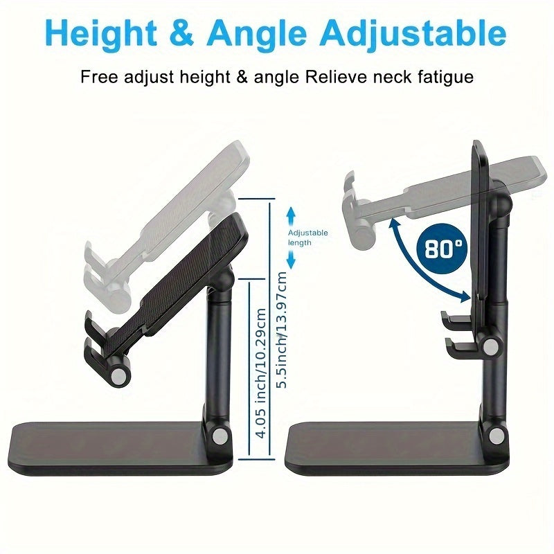 Foldable phone stand adjusts height and angle for 10.16-20.32cm devices. Ideal for office and bedroom, compatible with various devices.