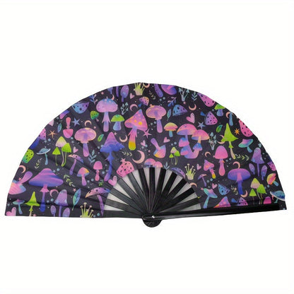 This UV Glow Rave Hand Fan is perfect for festivals and parties. It's a large folding fan that is suitable for events like Halloween and carnival. With its rainbow design, it's a great accessory for any costume. It's easy to use with a click handheld