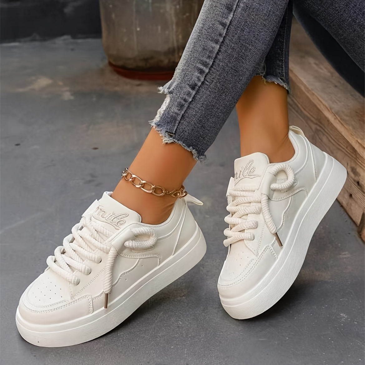 Casual Lace-Up Platform Sneakers for Women, Solid Color with Soft Sole