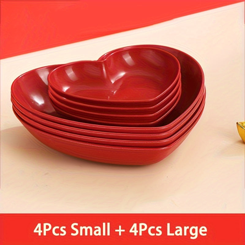 Heart-shaped plastic plates for weddings in sets of 4 or 8. Decorative red serving dishes for snacks, salads, and candy. Versatile party platters for all seasons.