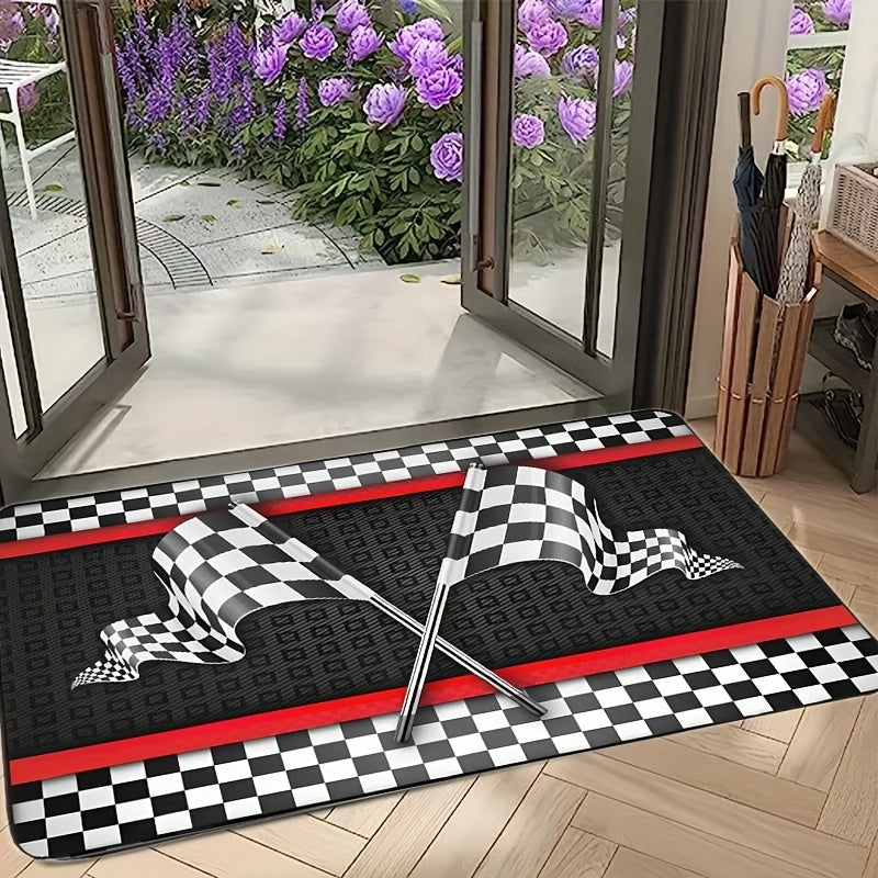 One high-quality Flannel Racing-Themed Mat, 1.1cm thick and non-slip, featuring a Black & White Checkered Flag design with Red Stripes. Machine washable and suitable for Teens, Boys, Girls, Men & Women. Versatile for use in the Living Room, Bedroom