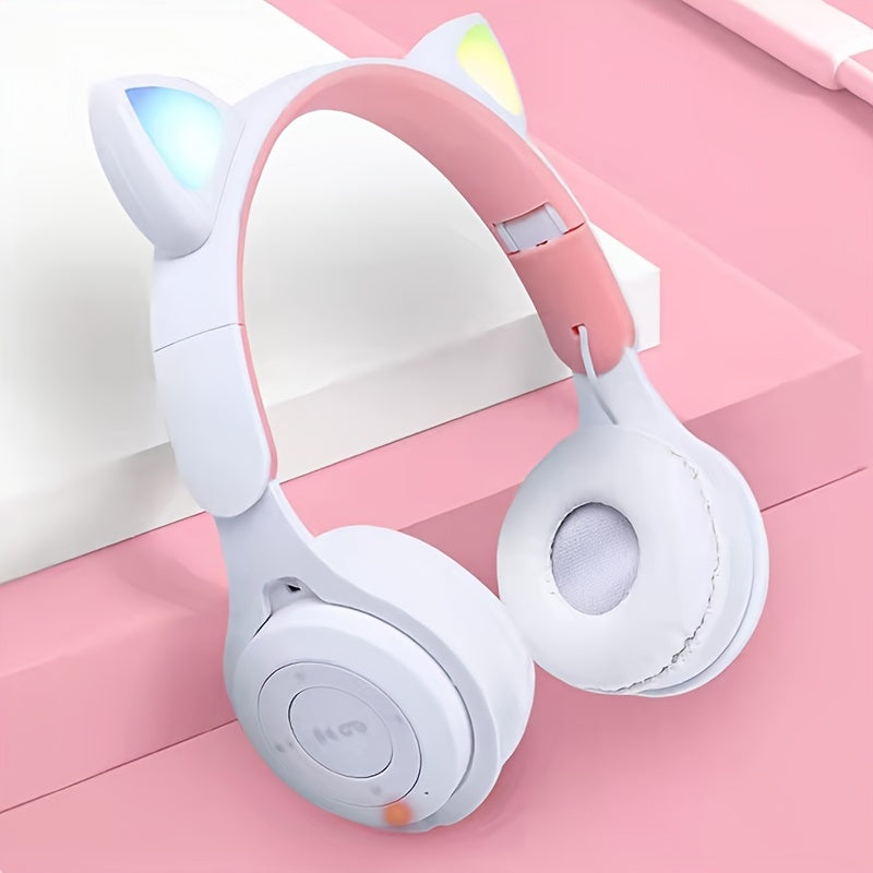 Wireless headphones with gradient color LED light cat ears