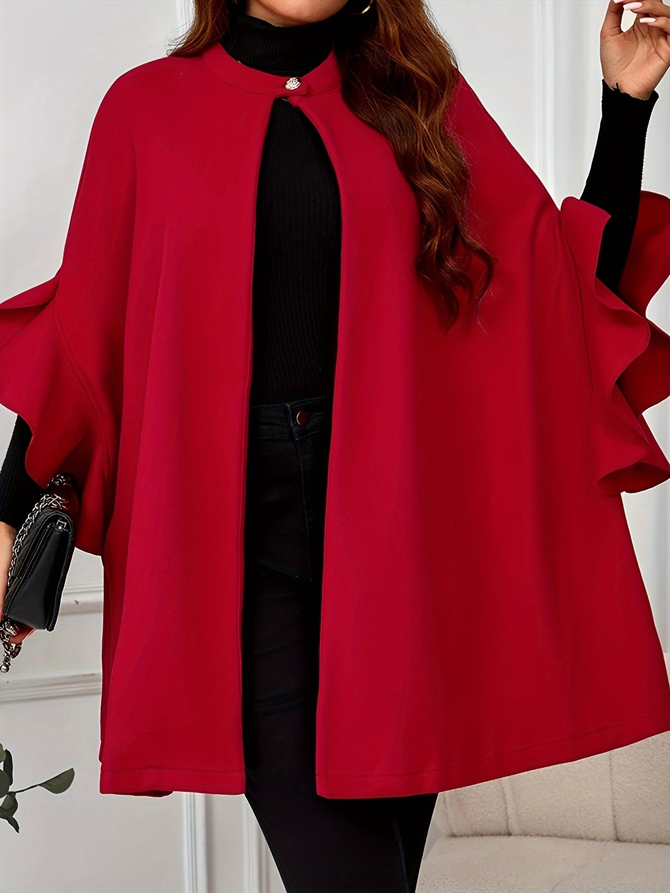 Elegant plus size red cape coat with ruffle sleeves, Crew neck outerwear made of polyester blend with slight stretch. Solid color woven cape suitable for all seasons.