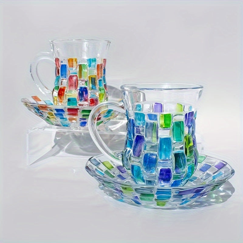 Hand-painted color grid coffee cup and saucer set with European style, perfect for home use.