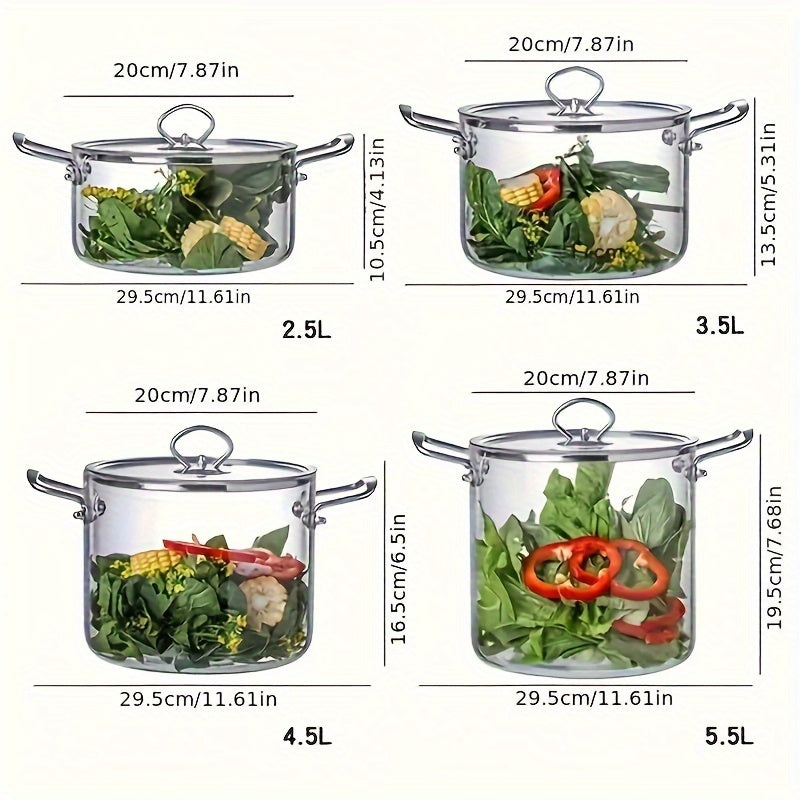 One piece of large-capacity high-boron-silicon glass soup pot with double ears and lid, featuring a stainless steel handle. Suitable for use on household electric ceramic stoves for heating and cooking various dishes such as noodles and stews.