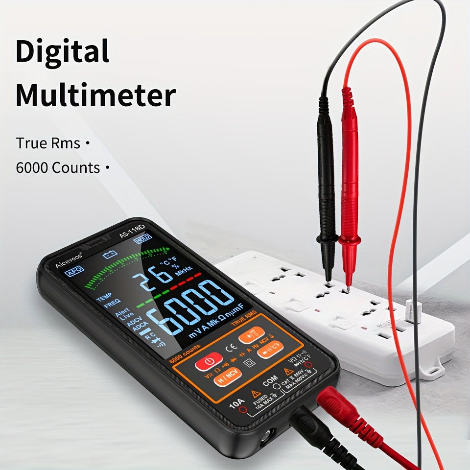 Smart digital multimeter auto-ranges to measure voltage, current, capacitance, resistance, continuity, duty-cycle, temperature, and frequency.