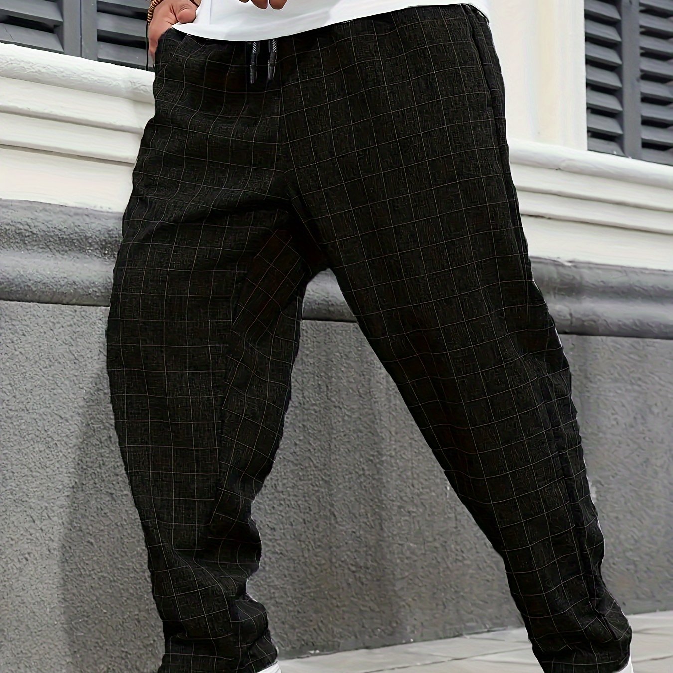 Men's Casual Plaid Jogger Pants in PLUS SIZE, made of woven polyester with drawstring waist, relaxed fit, and machine washable for all-season comfort.