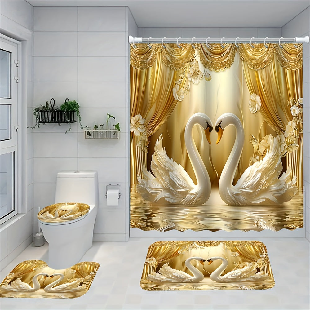 Golden 3D Swans Bathroom Set: Includes Free Hooks, Curtain, Mat, Seat Cover, And Rug - Ideal for Valentine's Day or year-round romance