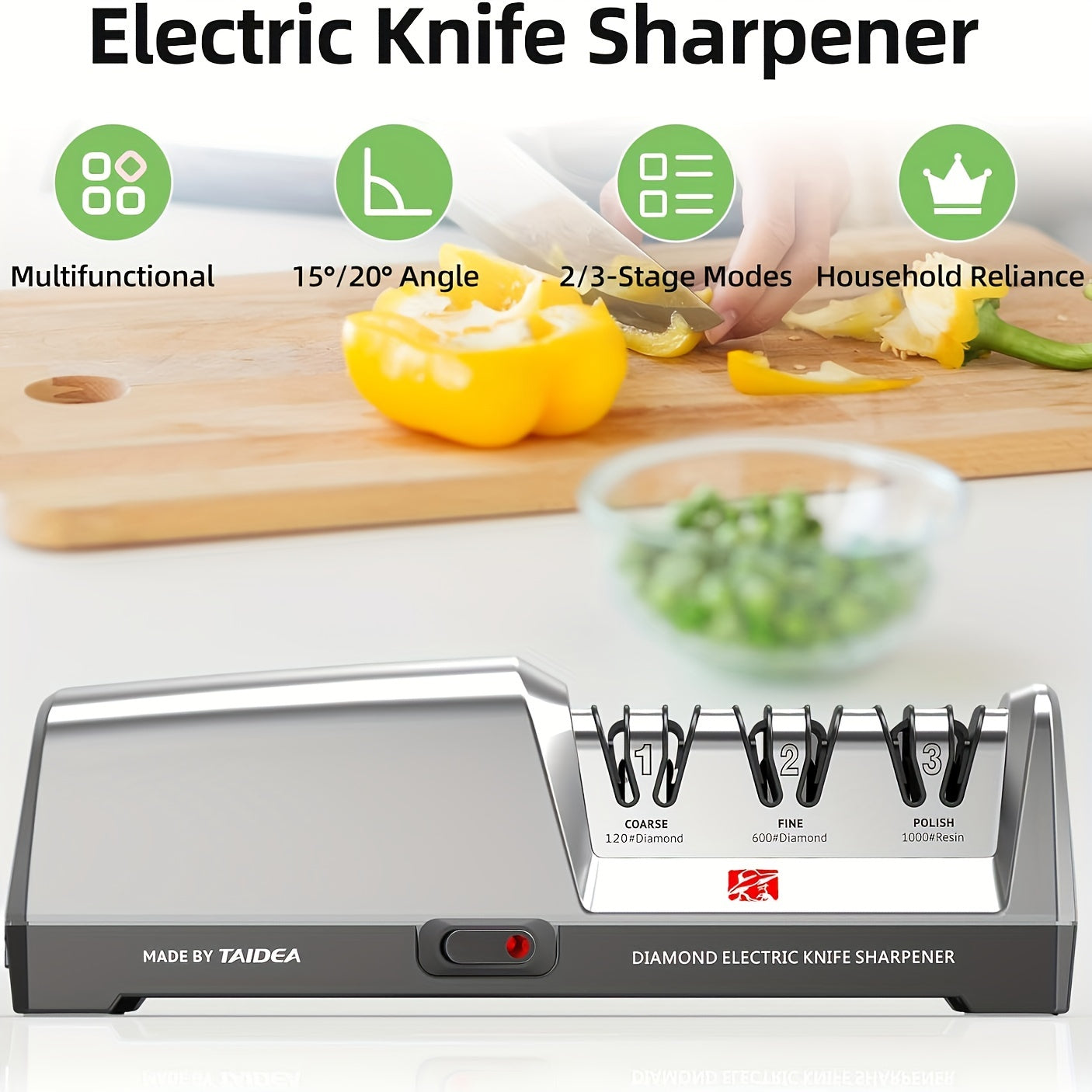 The GRINDER Professional Electric Knife Sharpener is equipped with a 3-Stage Diamond & Ceramic Sharpening System and Precision Angle Guide for use in both kitchens and restaurants. This plug-in sharpener features a fine grit for optimal results and is