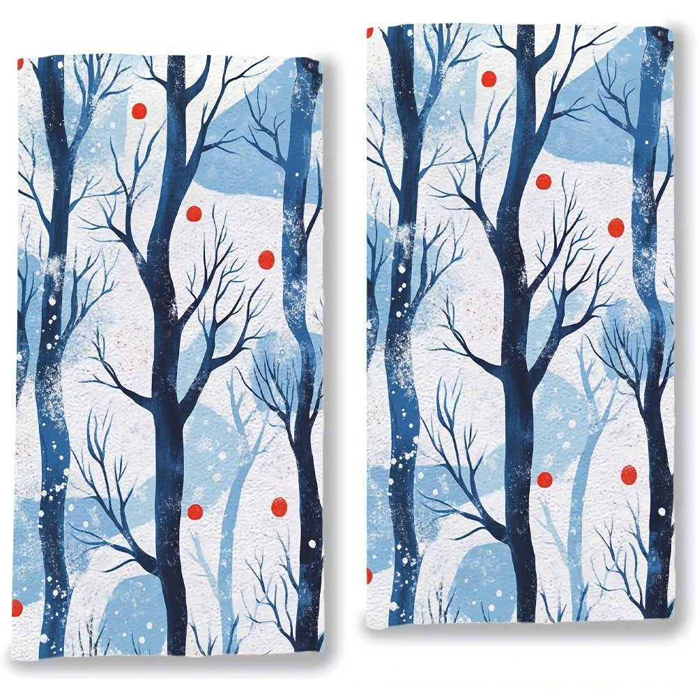 Set of 2 Ultra Soft Kitchen Towels with Winter Jungle Trees Design, Exceptionally Absorbent & Easy to Clean Dish Hand Towels, 40.64x60.96 cm - Ideal for Holiday Decoration and Drying Dishes