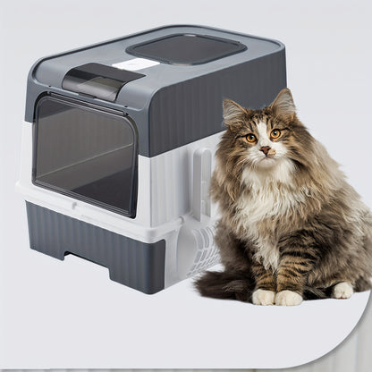 Enclosed cat litter box with deodorizing system made of PP material, fully sealed design for odor control, compatible with carbon transport, suitable for all cat breeds.