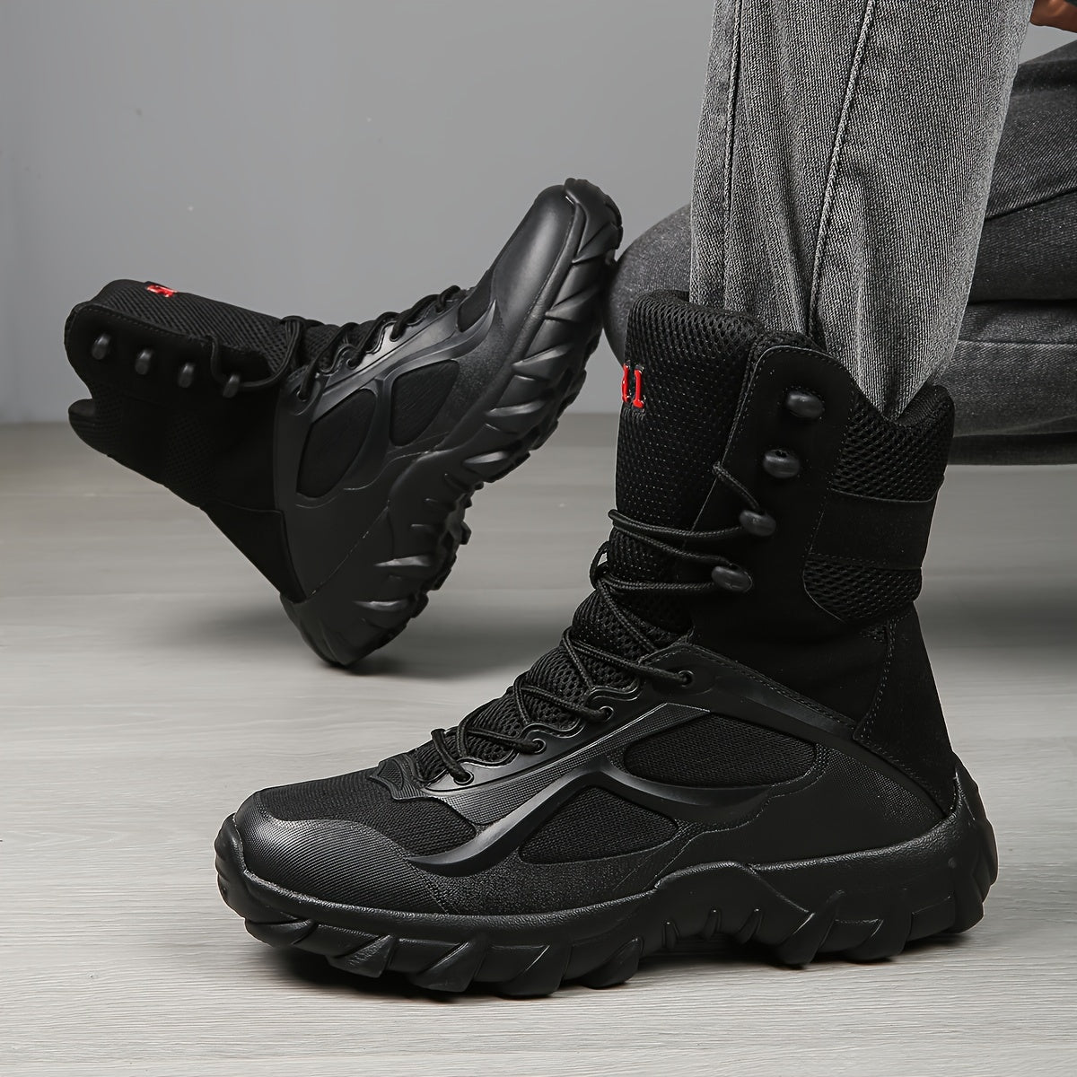 Solid color high top boots for plus size men, comfy, non-slip, durable, cushioned for outdoor activities.