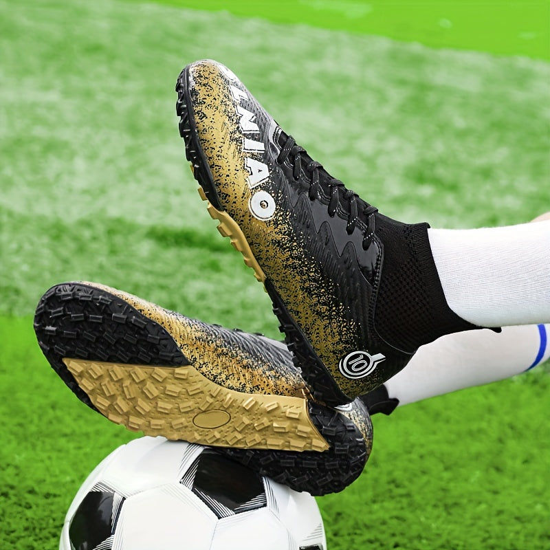 Men's high top turf football boots, outdoor anti-skid, breathable lace-up TF soccer cleats.