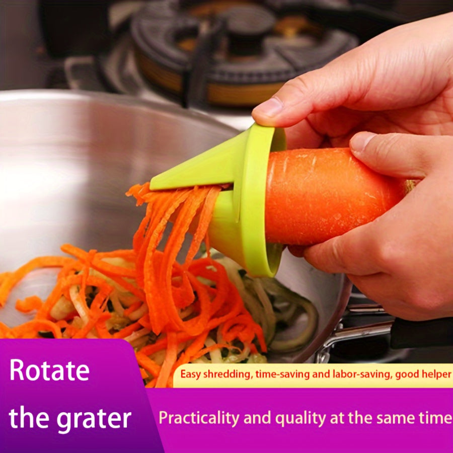 Multifunctional kitchen spiralizer for making zucchini noodles and grating vegetables easily. Durable plastic in green color.