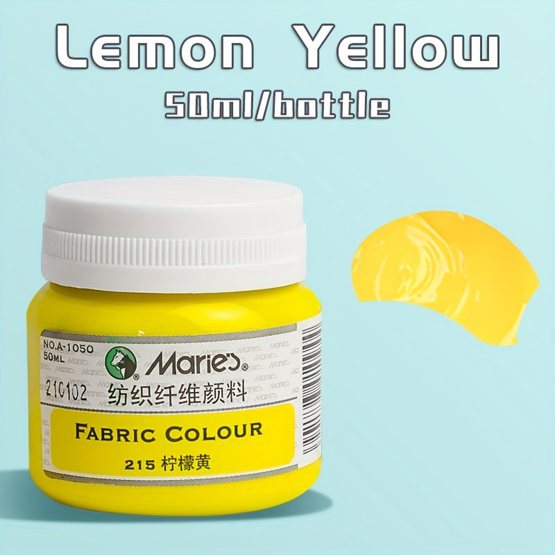 1 bottle of Marie's Fabric Paint, 50ml - 12 colors available for permanent clothes painting. Includes medium brush. Ideal for artists and crafters. Suitable for t-shirts, shoes, jeans