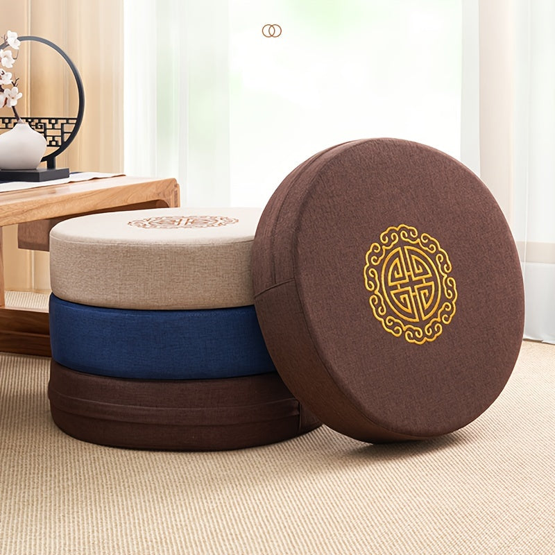 Round pouf Tatami floor pillow with non-electrical comfort design, featuring 1 piece of traditional woven fabric sponge padding for meditation.