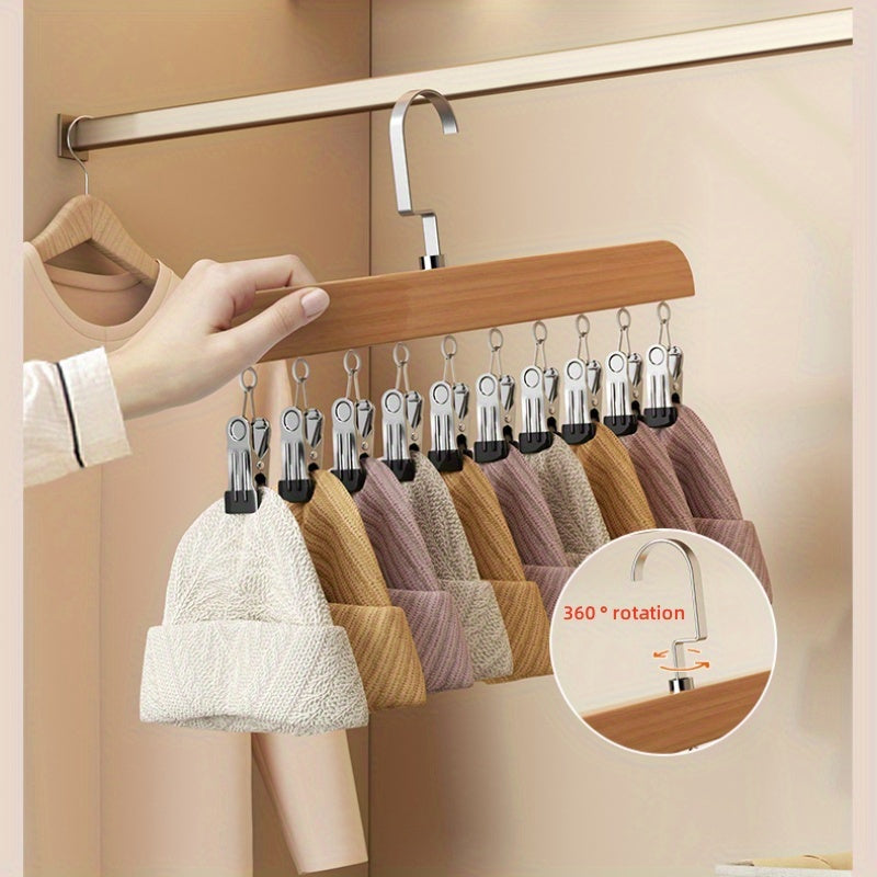 Wooden hanger and hat rack with 10 stainless steel clips for organizing underwear, ties, bras, scarves, belts, and more in the bathroom, bedroom, closet, wardrobe, or home storage.