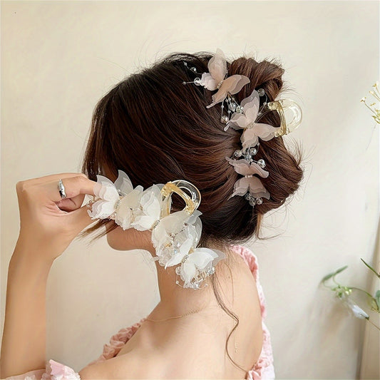 Stylish golden butterfly hair clip with crystal beads - perfect for chic updos & buns.