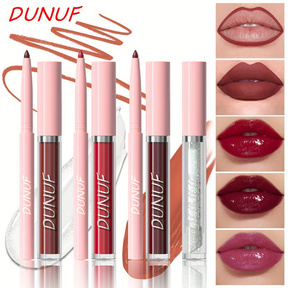 3-piece lip set with durable, waterproof, and sweat resistant formulas that are easy to apply and long-lasting. Includes lip gloss, lip liner, and lip glaze for a matte finish.