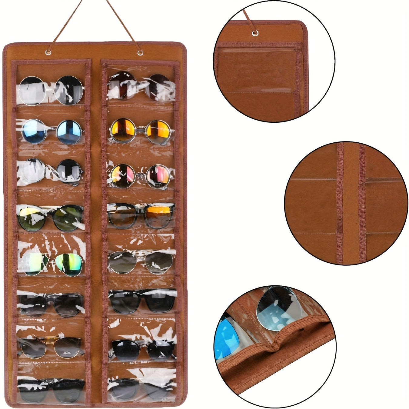 Get yourself the perfect solution for organizing your glasses with this 16-Slot Glasses Organizer. This hanging PVC wall pocket is dust-proof and includes a metal hook and sturdy rope for easy hanging. Ideal for storing women's fashion accessories, this