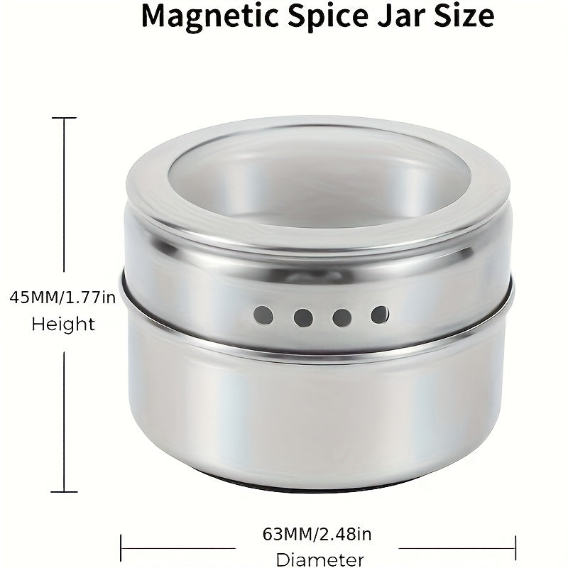 Set of 12 magnetic spice containers including seasoning jars, spice jars, and spice tins. Also includes salt and pepper shakers, spice shakers, and a salt bottle. Perfect addition to any kitchen accessories collection.